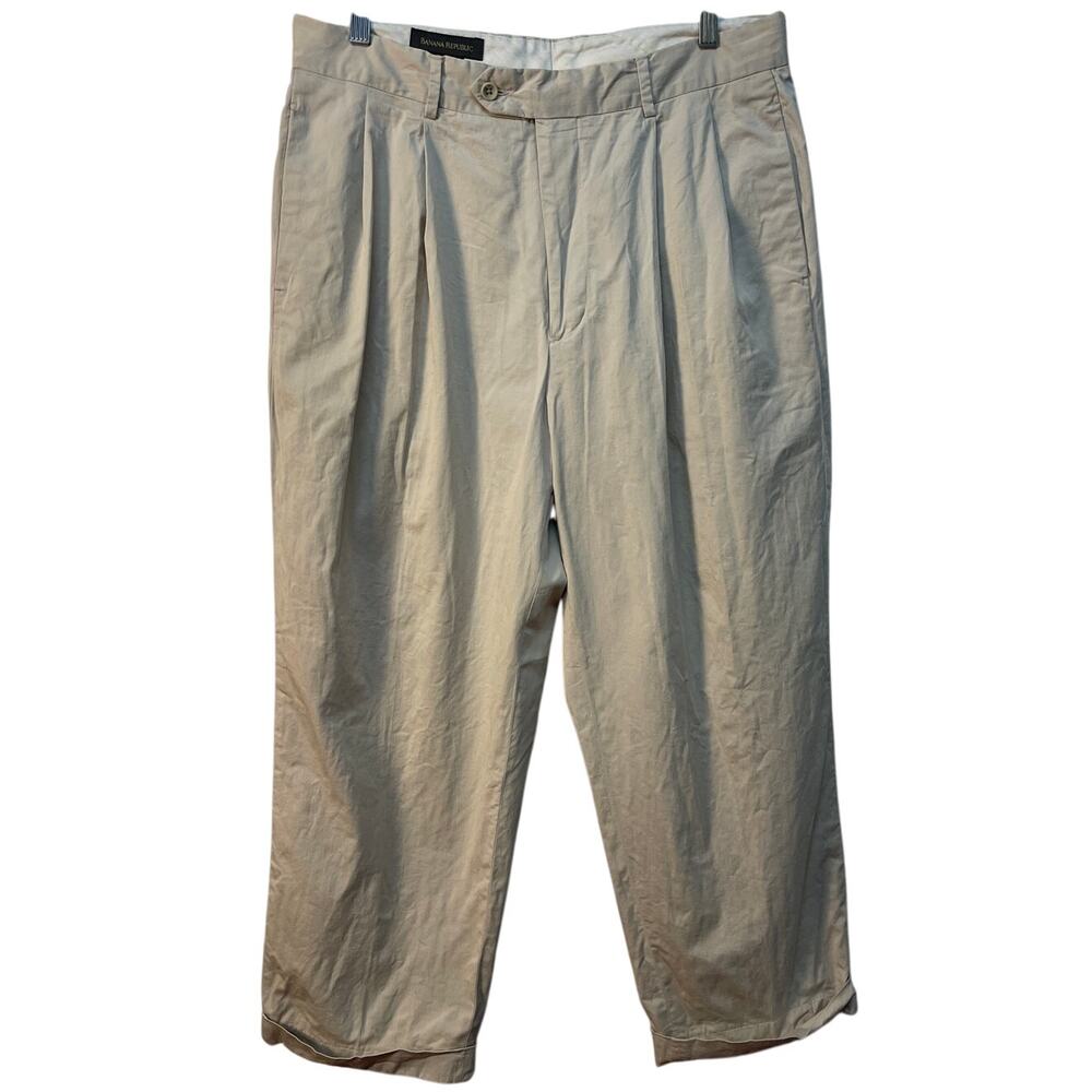 Banana Republic Taupe Khaki Cotton Pleated Cuffed Pants Size 35 R‎